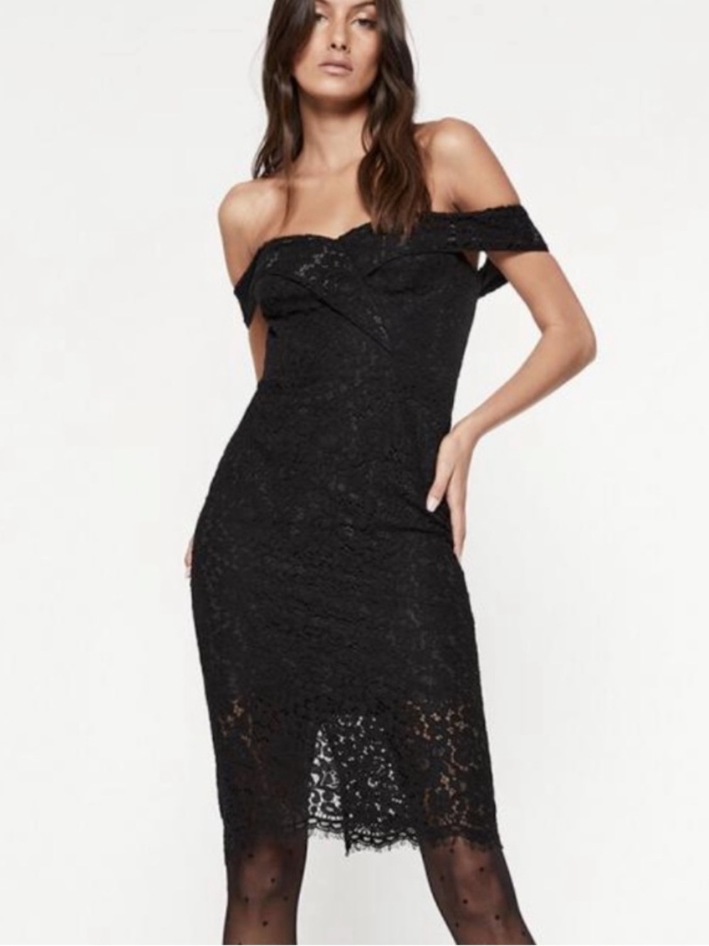 Bardot Bella Black Lace Off Shoulder Midi Cocktail Dress NWOT Size L